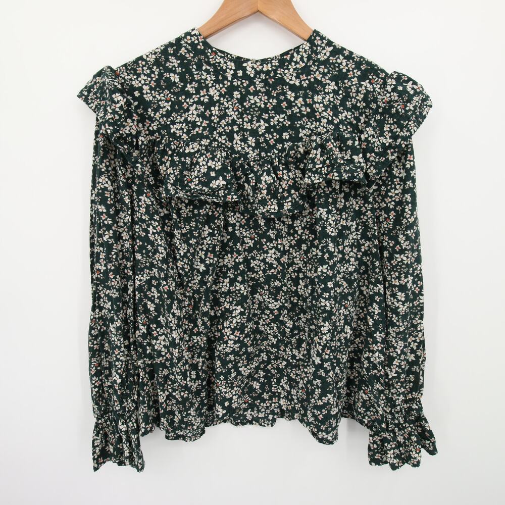ANA A New Approach Blouse Green White Floral Ruffle Long Sleeve Round Neck 1X